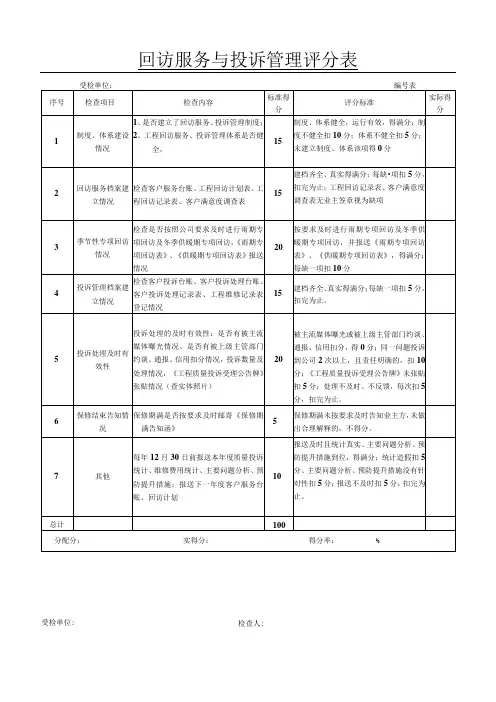 回访与投诉处理检查评分表