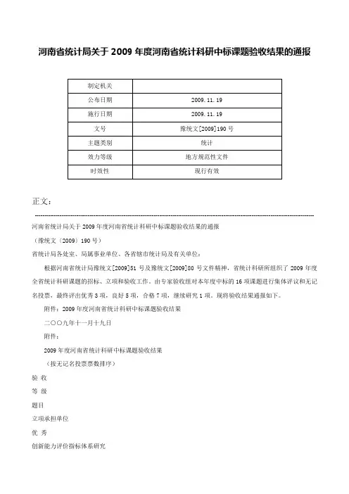 河南省统计局关于2009年度河南省统计科研中标课题验收结果的通报-豫统文[2009]190号