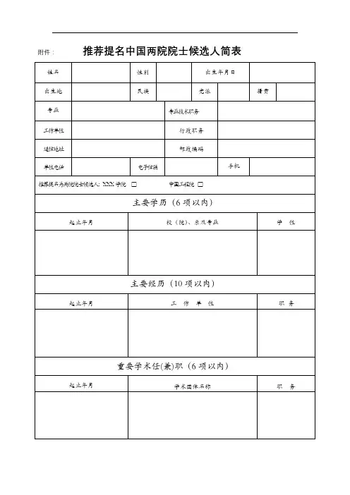 推荐提名中国两院院士候选人简表【模板】