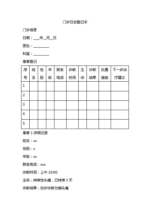 门诊日志登记本模板