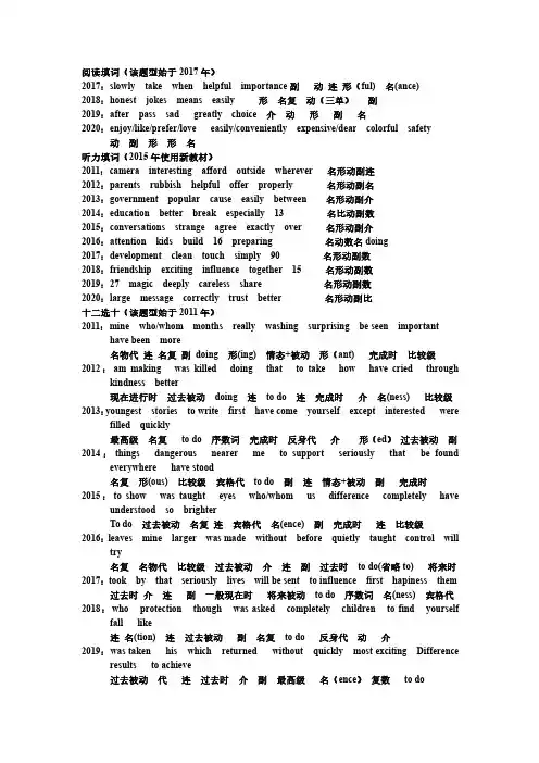 2011---2020中考英语听力填词、阅读填词、十二选十及预测单词