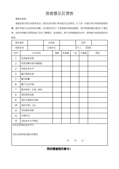 游客意见反馈表