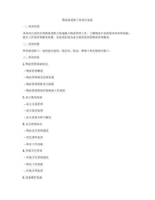 物业新进职工培训计划表