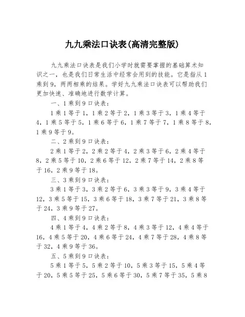 九九乘法口诀表(高清完整版)