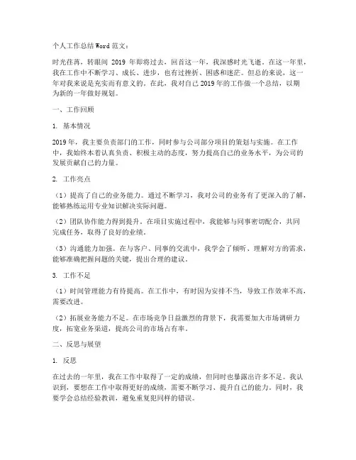 19年个人工作总结word范文