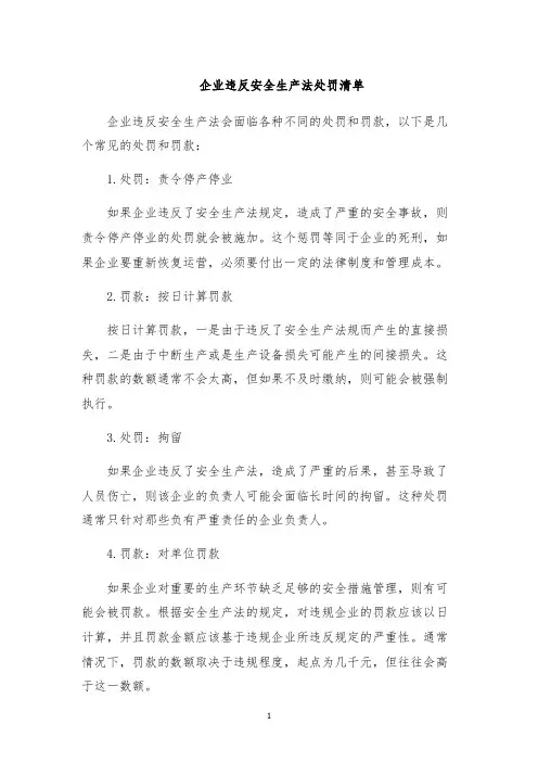 企业违反安全生产法处罚清单