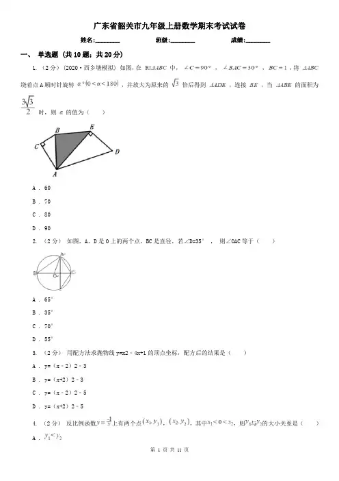 广东省韶关市九年级上册数学期末考试试卷