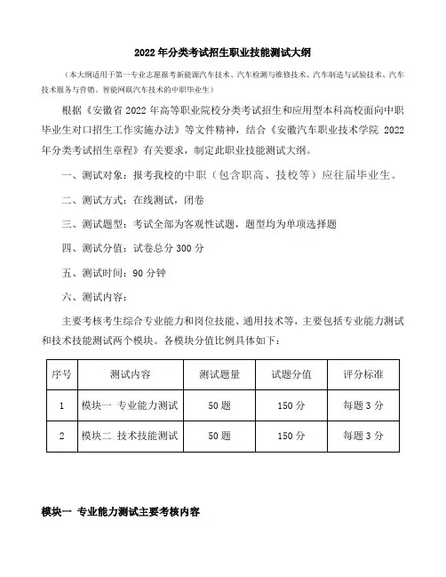 安徽汽车职业技术学院2022年职业技能测试大纲