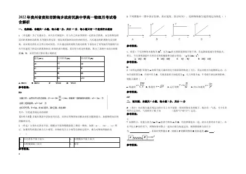 2022年贵州省贵阳市黔淘乡政府民族中学高一物理月考试卷含解析