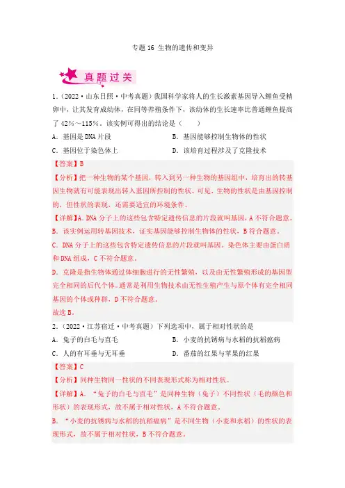 2023年中考生物复习专题16 生物的遗传和变异》考点训练(解析版)