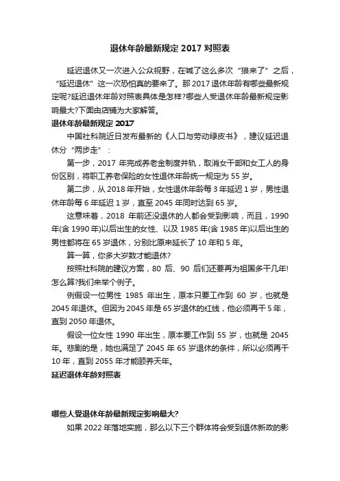 退休年龄最新规定2017对照表