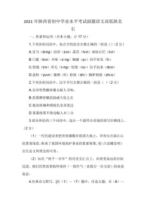2021年陕西省初中学业水平考试副题语文高低陕北石