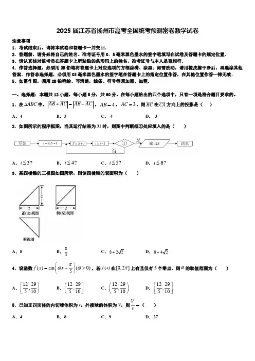 2025届江苏省扬州市高考全国统考预测密卷数学试卷含解析2