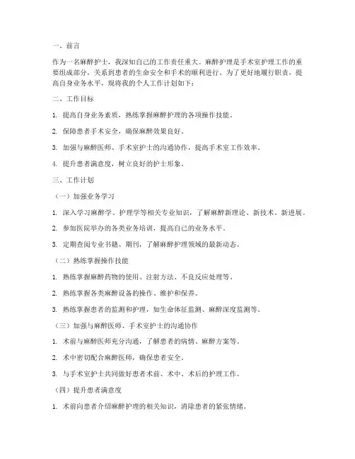 麻醉护士的个人工作计划