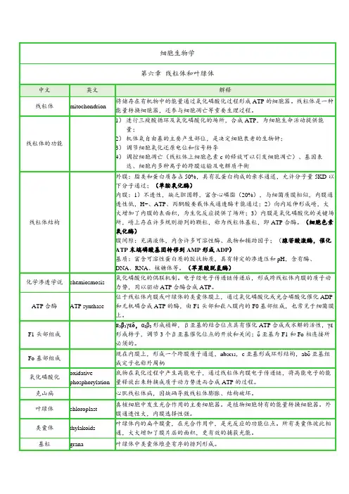 细胞生物学 名词解释 第六章 线粒体和叶绿体