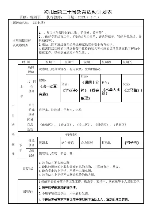 幼儿园第二十周教育活动计划表