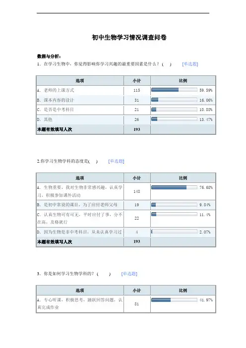 初中生物学习情况调查问卷
