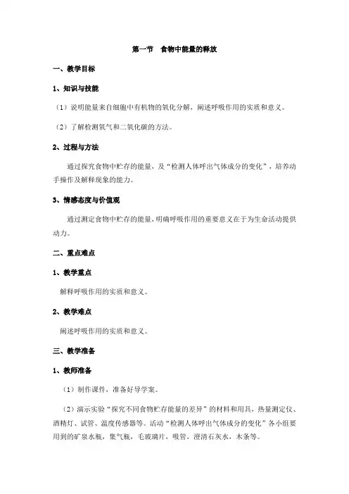 《食物中能量的释放》名师教案