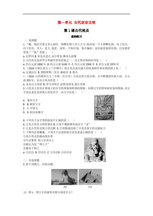 最新人教版九年级历史上册 1古代埃及 分层练习题(精选中考真题及模拟题)