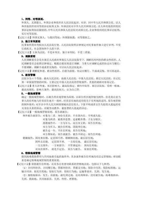 民诉记忆口诀