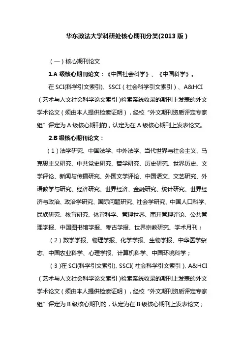 华东政法大学科研处核心期刊分类