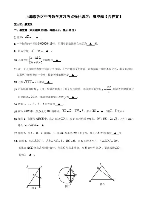上海市各区中考数学复习考点强化练习：填空题【含答案】