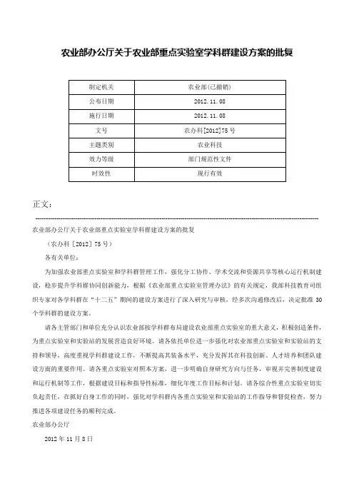 农业部办公厅关于农业部重点实验室学科群建设方案的批复-农办科[2012]75号