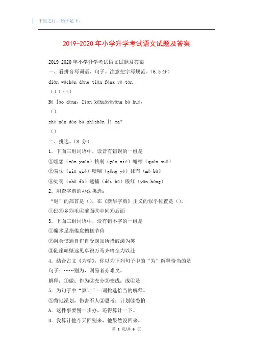 2019-2020年小学升学考试语文试题及答案