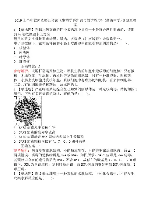 2019上半年教师资格证考试《生物学科知识与教学能力》(高级中学)真题及答案
