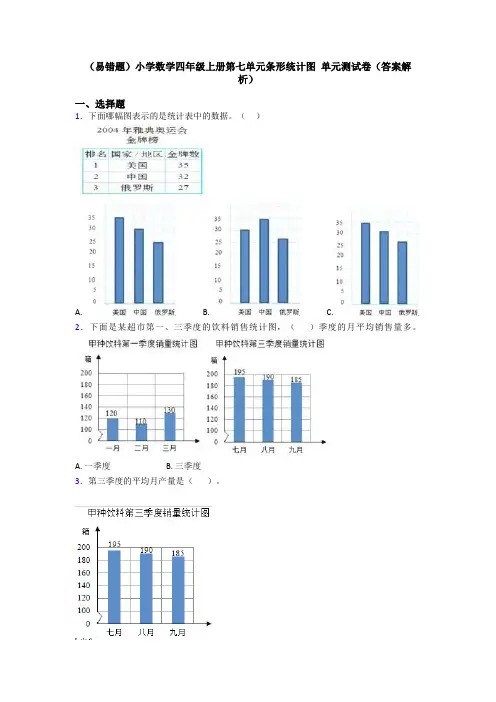 (易错题)小学数学四年级上册第七单元条形统计图 单元测试卷(答案解析)