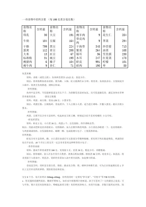 一些食物中的钙含量