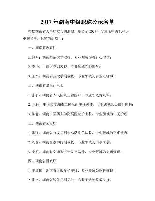 2017年湖南中级职称公示名单