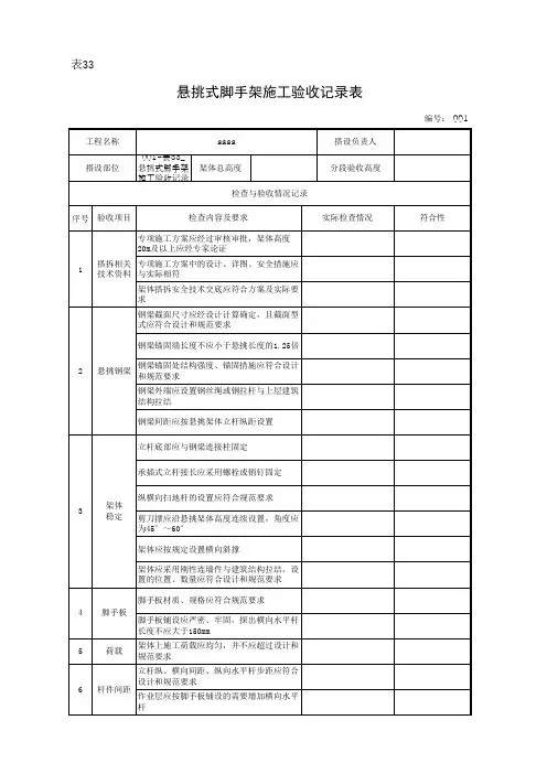悬挑式脚手架施工验收记录表