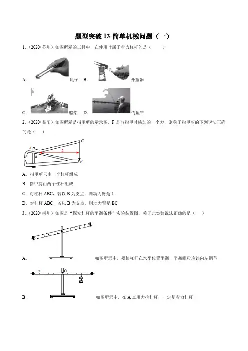 2021年苏科版中考物理易错点题型突破13-简单机械问题(一)