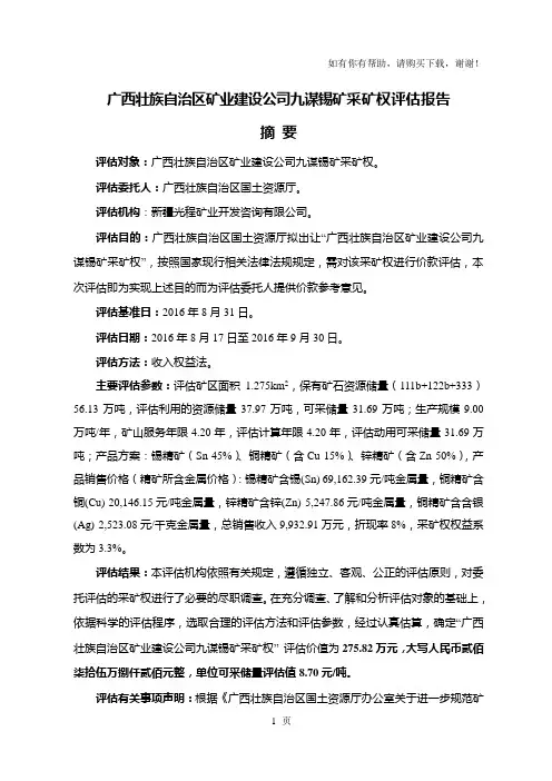 广西壮族自治区矿业建设公司九谋锡矿采矿权评估报告