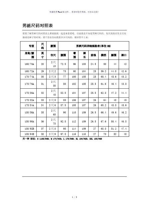 男裤尺码对照表