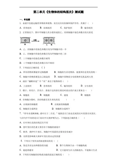 人教版生物七年级上第二单元《生物体的结构层次》测试题(含答案)