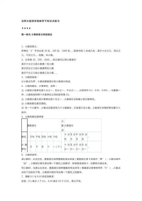 (完整版)北师大版四年级数学下册知识点复习