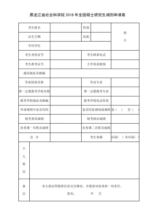黑龙江省社会科学院2018年全国硕士研究生调剂申请表