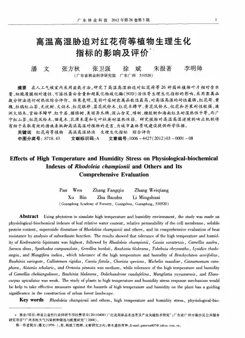 高温高湿胁迫对红花荷等植物生理生化指标的影响及评价