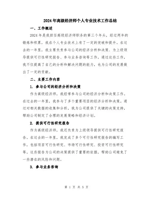 2024年高级经济师个人专业技术工作总结