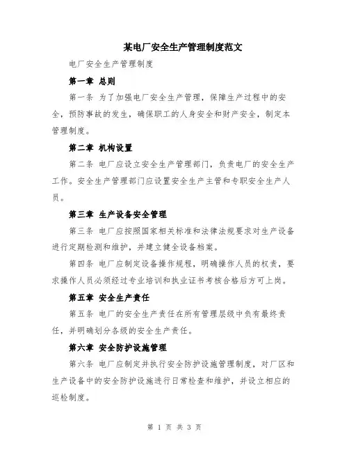 某电厂安全生产管理制度范文