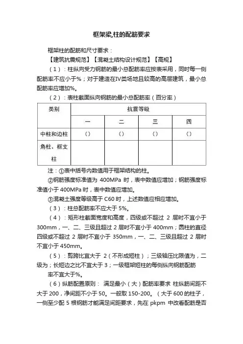 框架梁,柱的配筋要求