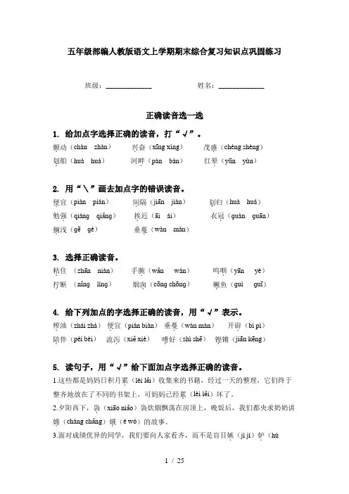 五年级部编人教版语文上学期期末综合复习知识点巩固练习