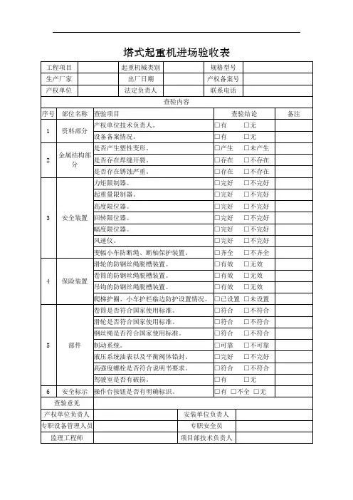 塔式起重机进场验收表