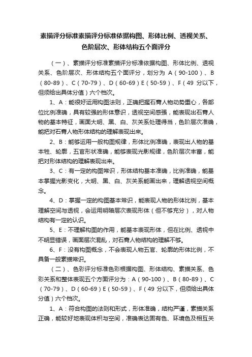 素描评分标准素描评分标准依据构图、形体比例、透视关系、色阶层次、形体结构五个面评分
