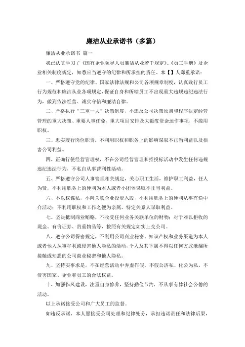 廉洁从业承诺书(多篇)