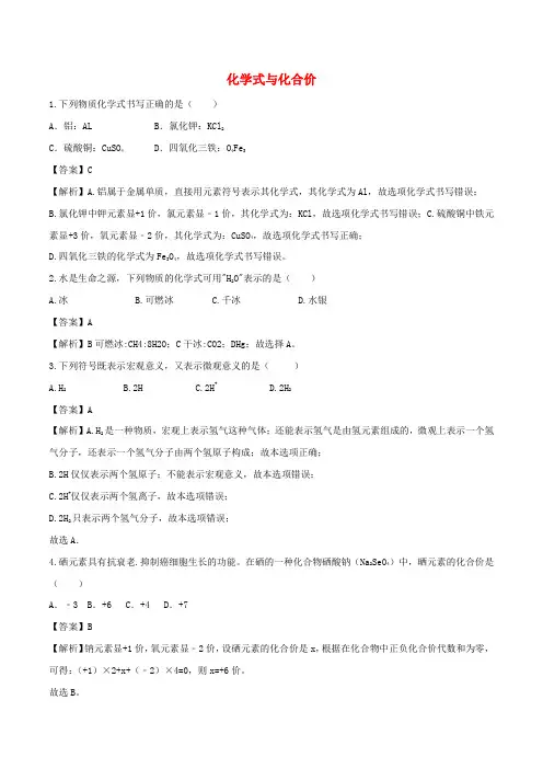九年级化学上册化学式与化合价同步练习含解析新版新人教版