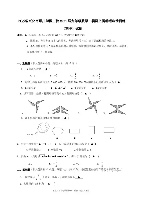 江苏省兴化市顾庄学区三校2021届九年级一模网上阅卷适应性训练(期中)数学试卷
