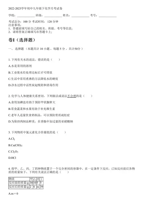 2022-2023学年人教版九年级下化学月考试卷(含解析)